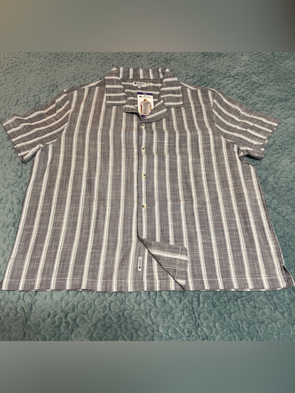 NWT Sperry XXL Camp Collar Textured Shirt Navy/Gray/White Striped Short Sleeve